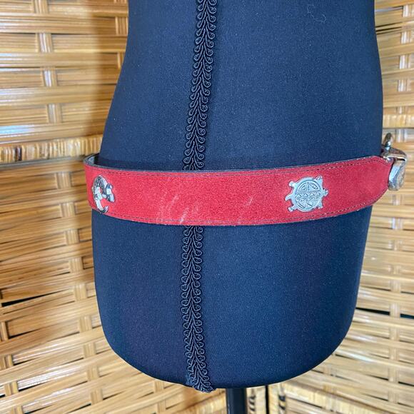 Vintage Red Suede Southwestern Concho Belt Silver Animal Symbols - Picture 6 of 12